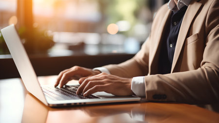 Businessman working on laptop in cafe. Close up of male hands typing on laptop keyboard.の素材