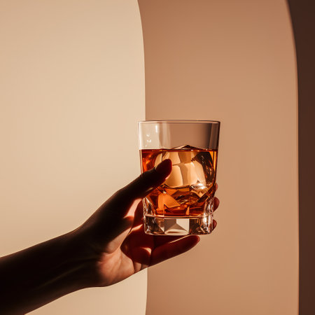 hand holding a glass of whiskey on a beige background with shadowsの素材