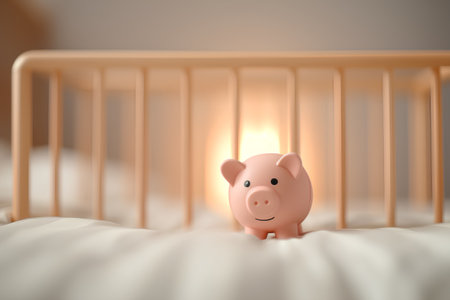 Piggy bank in the crib. 3D illustration. Conceptual image.の素材