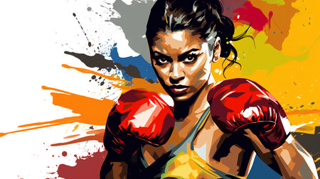 Boxer girl with red boxing gloves on a colorful background. Vector illustration.の素材