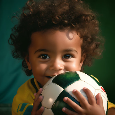 Happy african american little boy with soccer ball on green backgroundの素材