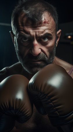 Portrait of a man with a beard and mustache in boxing glovesの素材