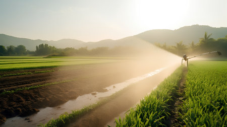 Agriculture in the rice field with a water sprayer at sunsetの素材