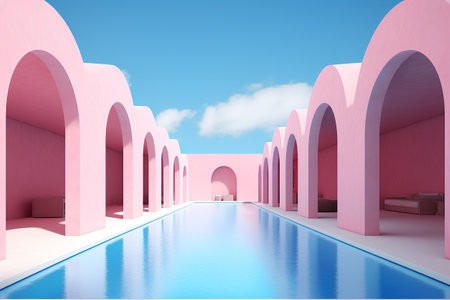 3d rendering of a corridor with pink arches and a poolの素材