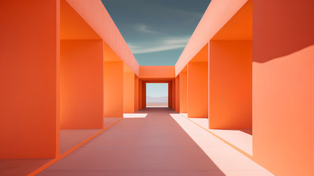 Abstract empty corridor with orange walls and floor, 3d render illustrationの素材