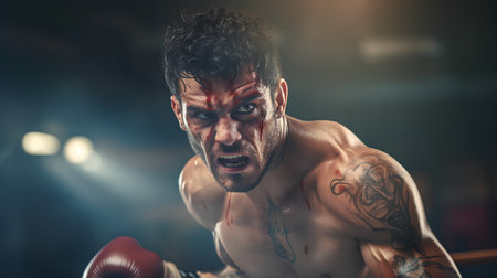 Portrait of aggressive fighter with blood on face in boxing ring.の素材