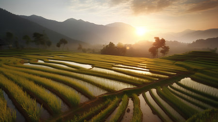 Rice field terraces at sunset in Sapa, Vietnam.の素材