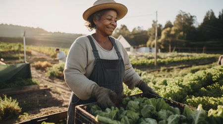 Smiling senior woman holding box with harvest of lettuce in her gardenの素材