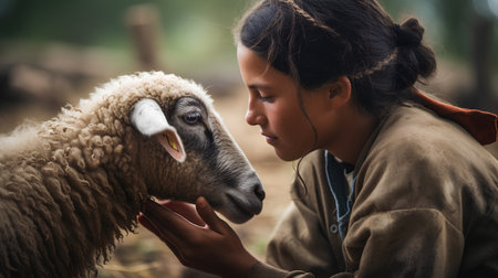 Woman farmer feeding a sheep in the farm. Selective focus.の素材