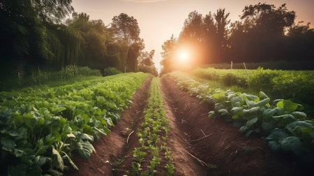 Sunset in the field with young green beet plants. Landscape.の素材