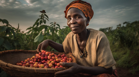 Portrait of an elderly African woman with a basket full of apricotsの素材