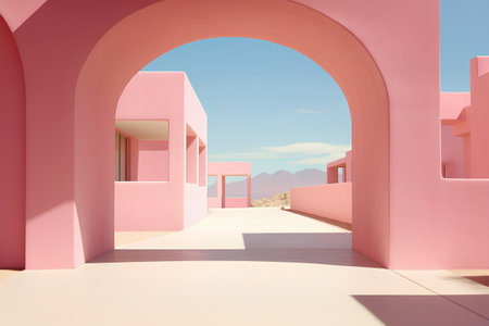 3d render of a modern pink house with arches and stairsの素材