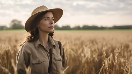 Portrait of a beautiful young woman in a straw hat on a wheat fieldの素材