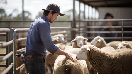 Portrait of a young man farmer standing in his sheep farm and feeding themの素材