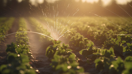 Sprinkler spraying water on young soybean plants at sunset.の素材