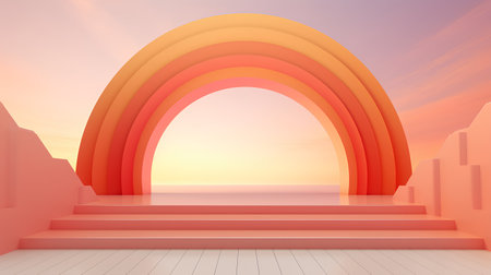 3D render of an arch in the form of a rainbow at sunset.の素材