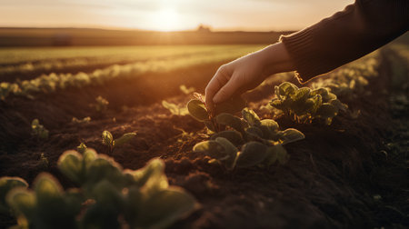 Farmer hand planting young seedlings on the field at sunset.の素材