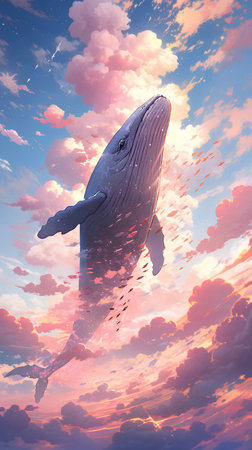 Whale in the sky. 3D illustration. Nature background.の素材