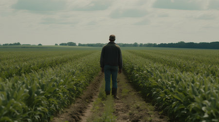 Farmer standing in a corn field looking at the horizon and thinkingの素材