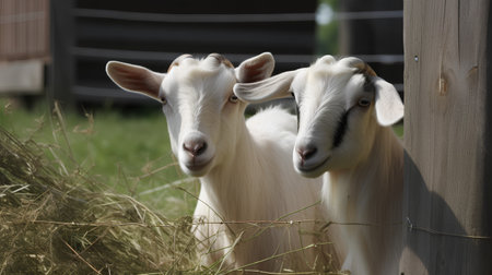 Two white goats standing in a paddock and looking at the cameraの素材