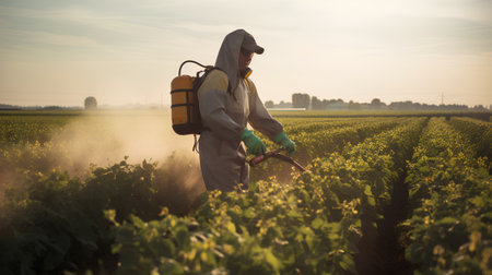 Agricultural worker spraying pesticides on soybean field with sprayerの素材