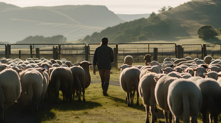Silhouette of a man walking in a flock of sheep on the farmの素材
