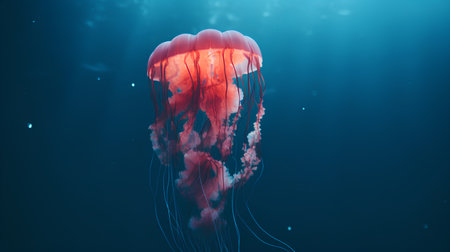 Red jellyfish floating in deep blue ocean. 3D Renderingの素材