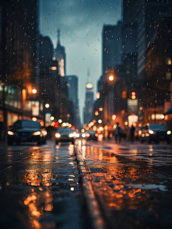 Rainy day in New York City, USA. Rainy street at night.の素材