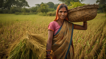 Indian farmer with basket of rice on the rice field in India.の素材