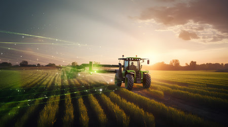 Tractor spraying pesticides on wheat field at sunset. Tractor spraying pesticide on field.の素材