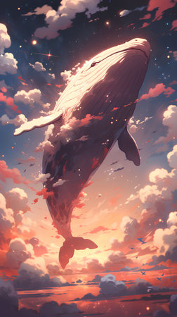 Humpback whale in the sky at sunset. 3d illustrationの素材