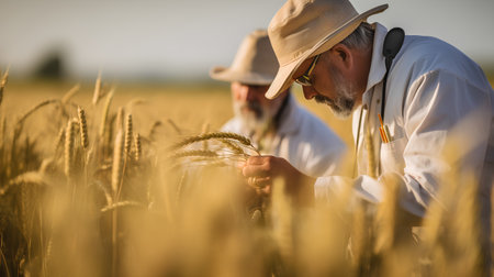 Senior farmer standing in wheat field, examining crop. Mature man wearing straw hat and white shirt.の素材