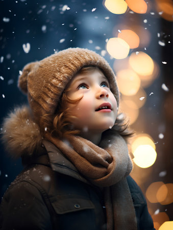 Portrait of cute little boy in warm hat and scarf on winter background with falling snow.の素材