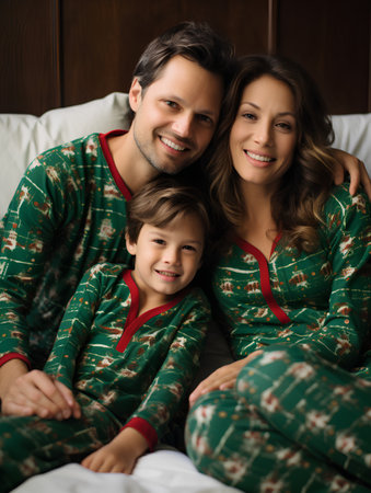 Portrait of happy family in pajamas lying in bed at homeの素材