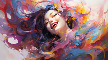 Portrait of a beautiful girl with bright make-up. Digital painting.の素材