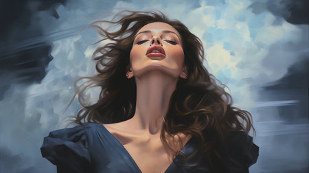 Beautiful young woman with long curly hair. Portrait of a girl with flying hair.の素材