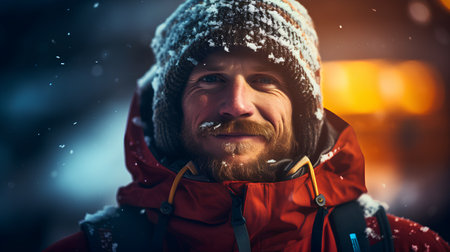 Portrait of a man in a red jacket on a background of winter landscape.の素材