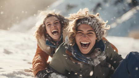 Two young women laughing and having fun on the snow in winter.の素材