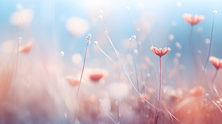 Beautiful meadow with red poppies on blue background.の素材