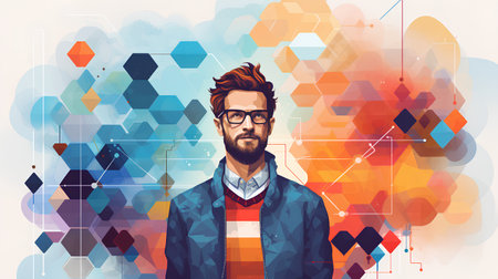 Hipster man with beard and glasses on colorful background. Vector illustrationの素材