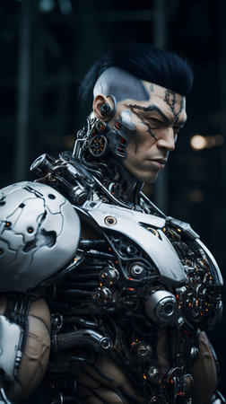 Portrait of a male robot in a futuristic environment. 3D rendering.の素材