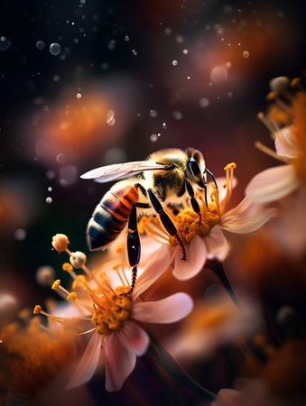 Bee pollinates a flower. Macro photo of a bee on a flowerの素材