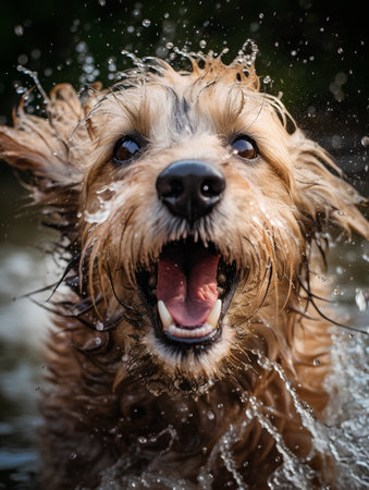 portrait of a happy dog swimming in the water and splashingの素材