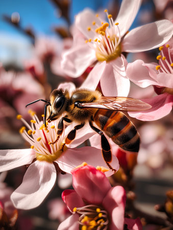 Bee pollinates flowers of peach tree in spring. Honey bee pollinates peach flowers.の素材