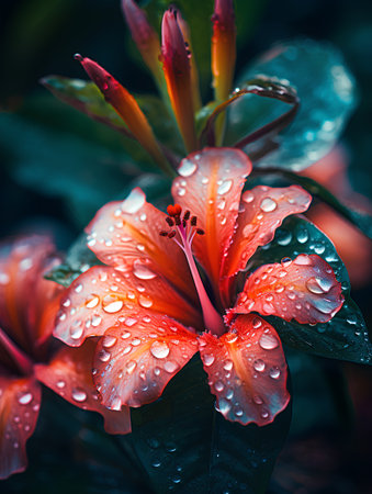 Beautiful orange lily flowers with rain drops. Nature background.の素材