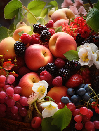 Basket of fresh fruits and berries on wooden table, closeupの素材