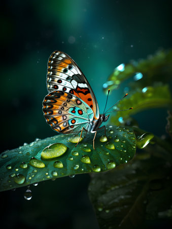 Beautiful butterfly on green leaf with dew drops. Nature background.の素材