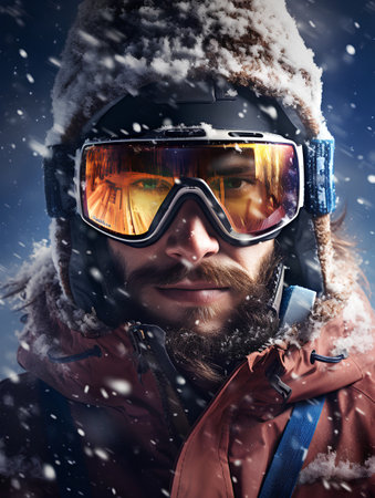 Close-up portrait of a brutal man with a beard and mustache in a red jacket and ski goggles on a winter background.の素材