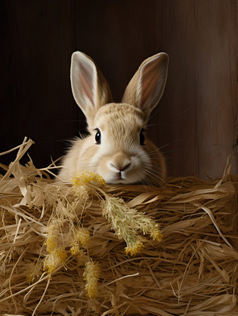 Rabbit with ears of wheat on wooden background. Easter concept.の素材