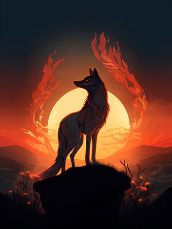 Illustration of a wolf in the forest at sunset. Vector illustrationの素材